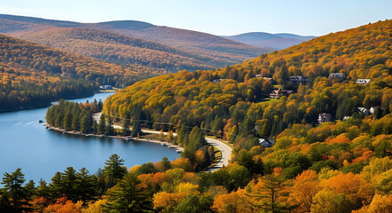 Autumn splendor graces a lakeside mountain scene, showcasing colorful foliage, winding roads, and tranquil waters under a clear sky in a scenic landscape.