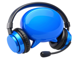 3D Blue Speech Bubble with Modern Black Headset, isolated on transparent background
