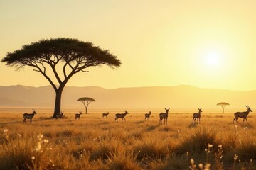 Golden Hour Savannah Antelope Silhouettes at Sunrise, Under the Shade of Majestic Umbrella Acacias