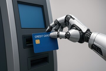 Innovation drives the fintech industry's rise in digital banking. A robotic hand inserts a blue credit card into an ATM machine against a gray background.