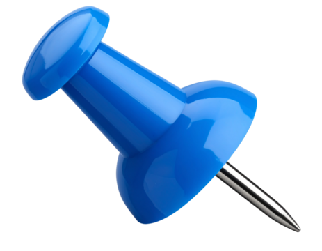 3D Blue Push Pin Lying on Side with Reflection, isolated on transparent background