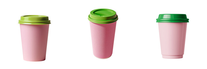Obraz premium Set of Colorful Pink and Green Disposable Coffee Cups on Transparent Background