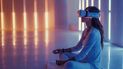 Woman Meditating in Minimalist Room with VR Headset, Floating Visualization of Stress Levels, Calming Blue Light Patterns, Smartwatch Monitoring Heart Rate Variability