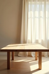 Fototapeta premium Sunlight Illuminates a Simple, Light Wooden Table in a Minimalist Room Setting