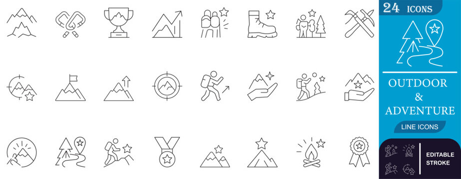 Explore a minimal line icon pack inspired by hiking, trekking, mountains, and outdoor adventures. Perfect for apps, maps, badges, or nature-themed projects.