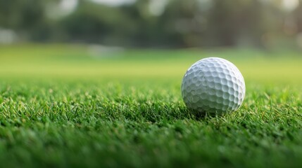 The golf ball resting on lush green grass in a sunny setting