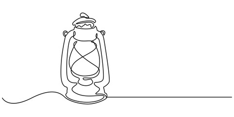 Abstract vintage kerosene lamp or lantern , continuous one line art hand drawing sketch, Kerosene lantern one line continuous. Line art paraffin lamp. Hand drawn vector art,  Camping backpack vector.