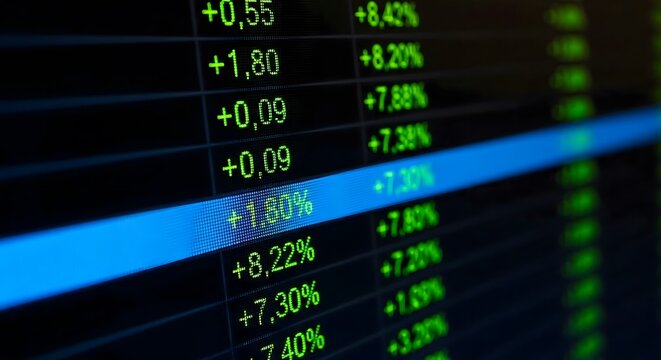 Close-up of a stock market data screen displaying fluctuating numbers and percentages in green and blue.