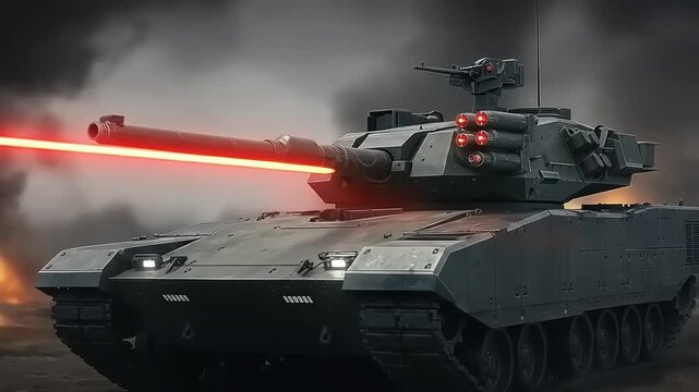 Futuristic tank firing a laser in a war-torn landscape with smoke and explosions in the background