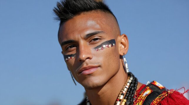 Indigenous man wearing traditional makeup and clothing posing under blue sky