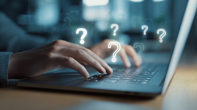 The laptop with hands typing amidst floating question marks representing uncertainty.