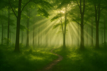 Sunlit Path Through Misty Green Forest: Serene Nature Scene, Magical Atmosphere