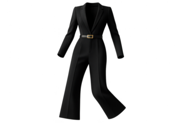 Elegant black women's tailored jumpsuit with belt isolated on transparent background