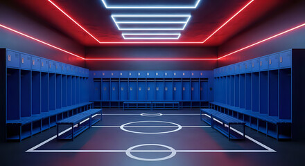 Striking rendition showcases a modern locker room illuminated with red and blue neon lights, highlighting the blue lockers and benches, perfect for sports or design concepts.