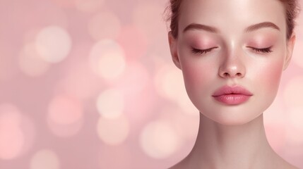 Naklejka premium Beautiful young woman face with closed eyes on pastel pink glowing background. Beauty skin care make up cosmetics concept banner