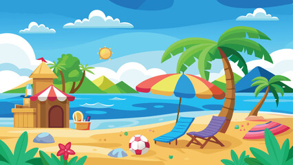 Cartoon Beach Scene Sandcastle, Chairs, Umbrella, Palm Trees, Sun, Sea, and Blue Sky