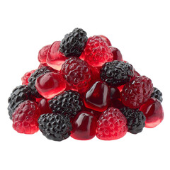 Gummy Berries Burst: A tantalizing assortment of gummy candies shaped as vibrant red raspberries and deep blackberries creating a playful and sweet treat. 