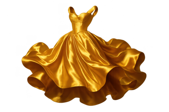 Luxurious golden satin ball gown dress isolated on a transparent background.