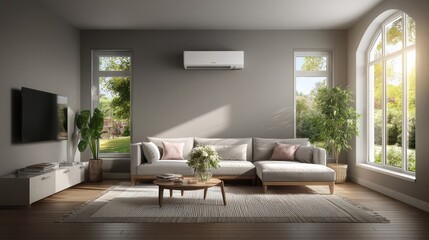 Modern living room with air conditioning unit. Cozy, cool interior with comfy sofa, TV. Perfect for hot summer days. Relax in the comfort of home, enjoying fresh air.