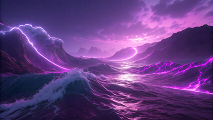 Surreal purple ocean waves glow with neon light under a dramatic cloudy sky