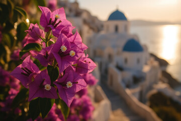 Bougainvillea Blooming Against the Iconic White and Blue of Santorini at Sunset. A Mediterranean Dreamscape. Sunset Serenity in Greece
