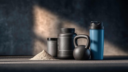 Fitness Supplements and Equipment on Dark Background with Dust and Light Spot