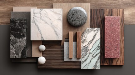 interior design material sample moodboard with luxury surfaces like marble and wood