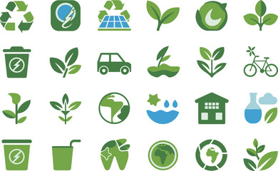 Eco-friendly icon set with renewable energy, recycling, and sustainability symbols vector illustration.