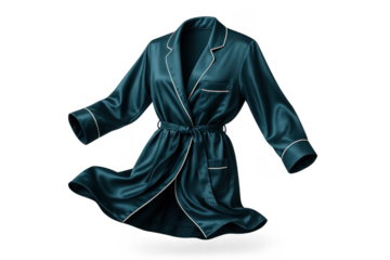 Elegant dark teal silk dressing gown isolated on transparent background.