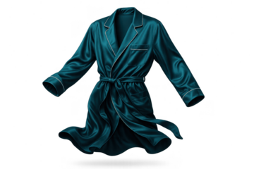 Luxurious teal silk robe with white piping, elegantly isolated on transparent background