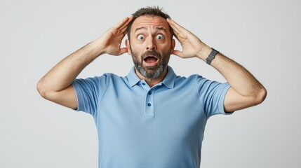 Man wide-eyed, hands up in shock, polo shirt