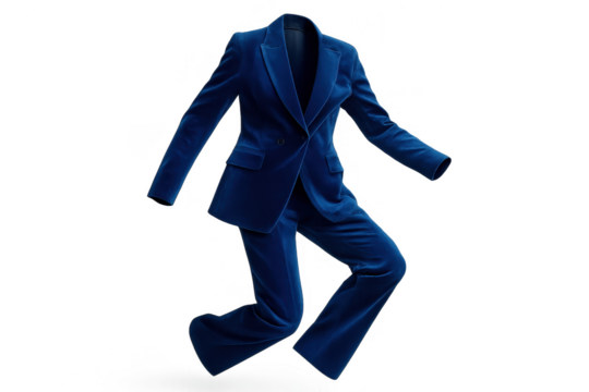 Stylish dark blue velvet pantsuit in dynamic pose, isolated on transparent background