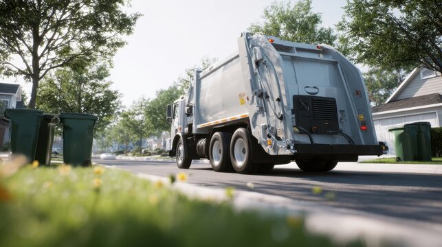 The garbage truck collecting waste in a peaceful suburban neighborhood.