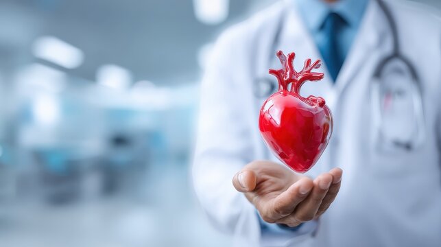 Cardiovascular disease doctor or cardiologist holding red heart in clinic or hospital exam room office for csr professional medical service, cardiology health care and world heart health day concept