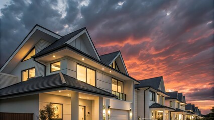 Modern luxury houses with illuminated windows under a dramatic sunset sky
