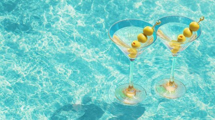 Two martini cocktails with olives on tray floating in turquoise swimming pool water. Vacation and resort lifestyle concept. Banner with copy space for travel blog and hotel advertisment.