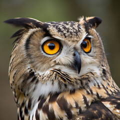 A close-up of an owl with striking yellow eyes and brown patterned feathers