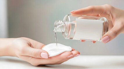 A woman pours a clear facial toner onto a cotton pad during her skincare routine, preparing her skin for hydration and better absorption of other products.