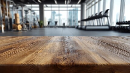 Empty wooden table in a fitness center. Blurred gym equipment and large windows visible in the background