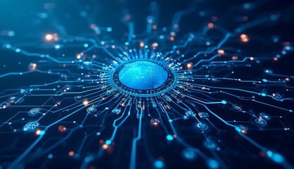 Global technology concept with a digital earth at the center of a complex circuit board network