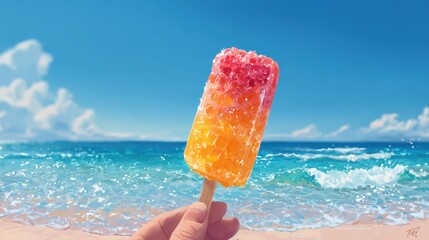 Refreshing treat on a sunny beach day. Enjoying a sweet and colorful popsicle with a vibrant sea backdrop. Summer vibes!