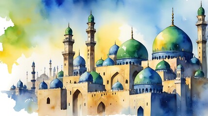 Fototapeta premium A watercolor painting showcases a grand mosque with blue and green domes, surrounded by a sprawling cityscape under a bright sky