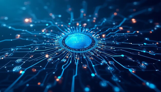 Global technology concept with a digital earth at the center of a complex circuit board network