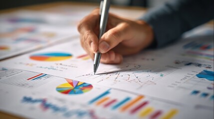 The image depicts a close-up of a hand holding a pen while analyzing various charts and graphs on paper, symbolizing business data analysis and strategy planning.