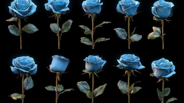 Blue roses on black background, beautiful bloom