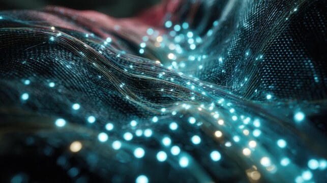 Futuristic smart fabric being woven, glowing threads and dynamic patterns, high-tech materials and innovative design