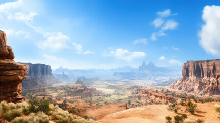 Fototapeta premium Breathtaking wide canyon landscape with ambient light illuminating distant sky, showcasing rugged cliffs, desert vegetation, and serene blue sky