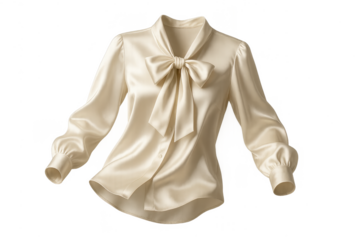 Elegant cream silk blouse with bow tie, isolated on transparent background