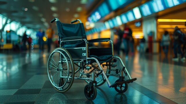 An empty wheelchair stands alone in a bustling airport, symbolizing accessibility and assistance. - Powered by Adobe