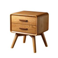 Mid century modern oak bedside table with two drawers isolated on transparent background